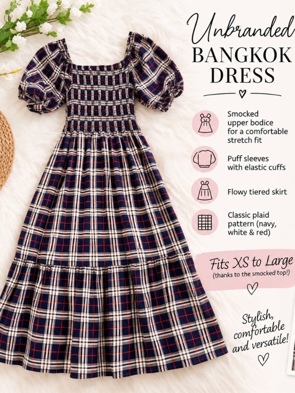 Unbranded Bangkok Plaid Smocked Midi Dress – Stretchy Fit XS–L